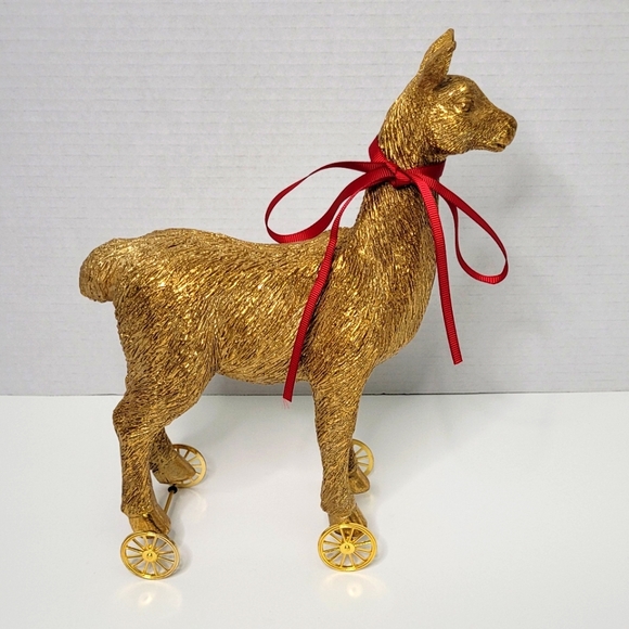 Unique Golden Llama on Wheels Statue with Detachable Red Bow - Picture 1 of 7
